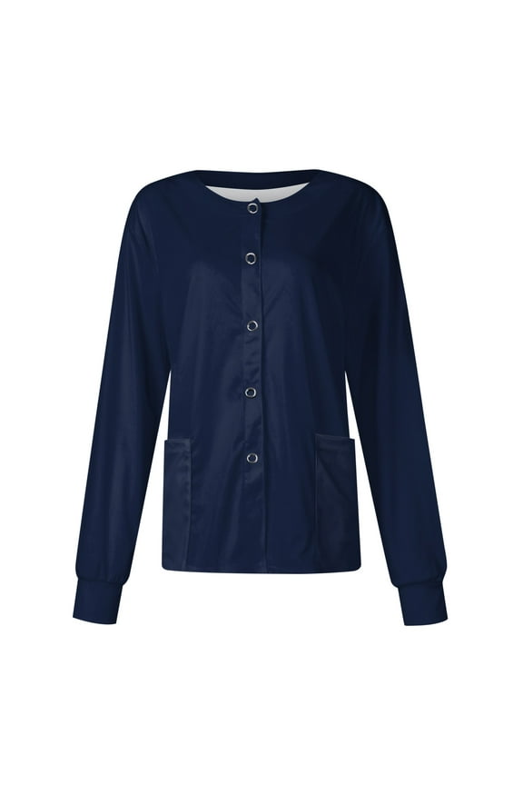 Scrub Jackets for Woman Long Sleeve Snap Front Solid Color Scrub Tops Plus Size Warm Up Medical Nurse Working Uniform Navy 2XL