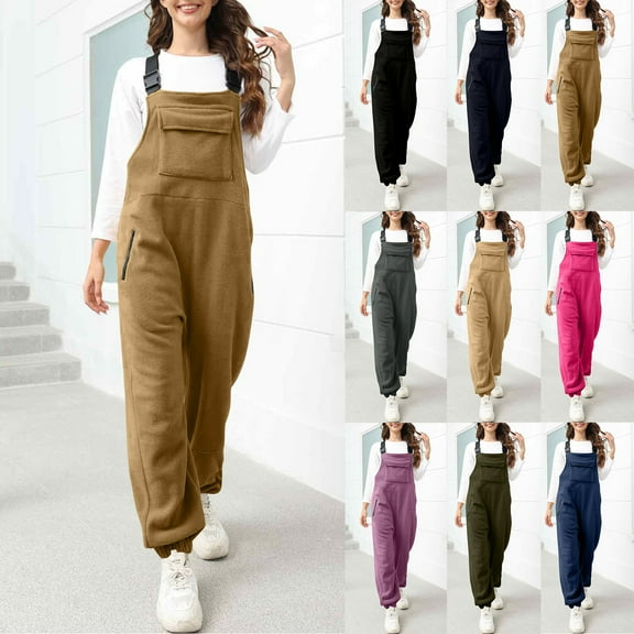 Fshiont Sherpa Fleece Overalls for Women Loose Fit Casual Adjustable Strap Snow Ski Bib Overall Jogger Jumpsuits with Pockets Black XL