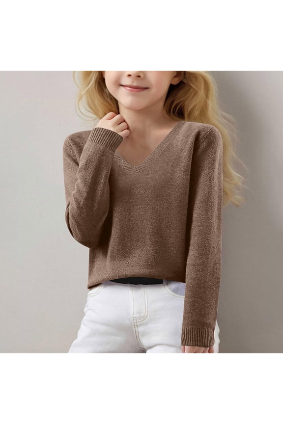 Sweater for Girls 2026 Spring Fashion Long Sleeve V Neck Knit Pullovers Casual Loose Winter Warm Solid Tops Dark Gray 13-14Y