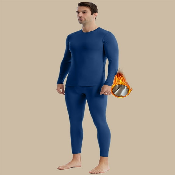 Fshiont Thermal Underwear for Men Base Layer Long Johns High Weight Blended Fleece Lined Set for Cold Weather Navy L