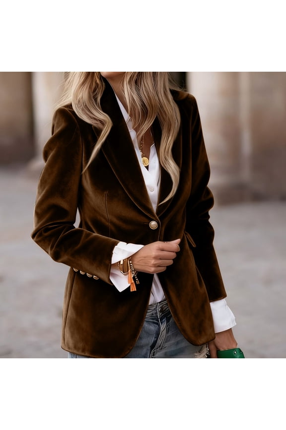 Velvet Blazers for Women Casual Oversized Open Front Long Sleeve Jackets Work Office Business Suit Blazer 2025 Coffee M