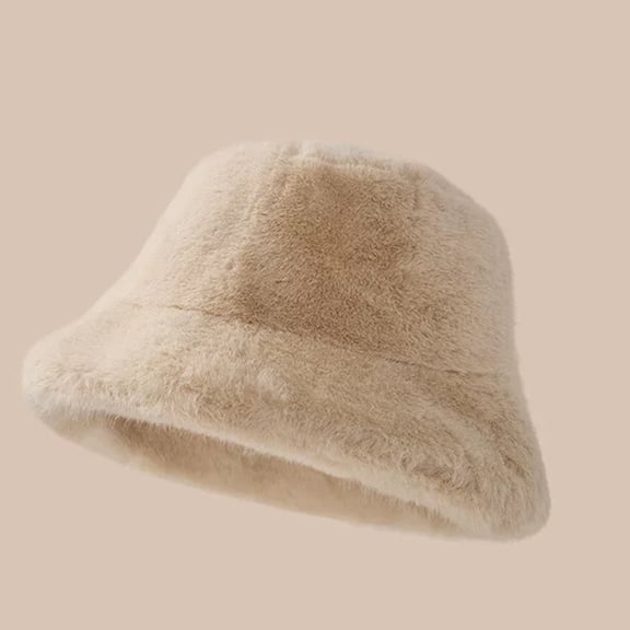 Fshiont Winter Faux Fur Fuzzy Bucket Hat Fluffy Warm Hat Furry Fisherman Cap for Women Khaki