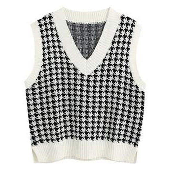 Fshiont Women Houndstooth Pattern Knit Sweater Vest Sleeveless Loose V-Neck 90s Waistcoat Pullover Knitwear Top Beige M