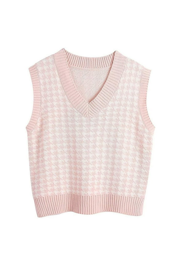 Women Houndstooth Pattern Knit Sweater Vest Sleeveless Loose V-Neck 90s Waistcoat Pullover Knitwear Top Pink L