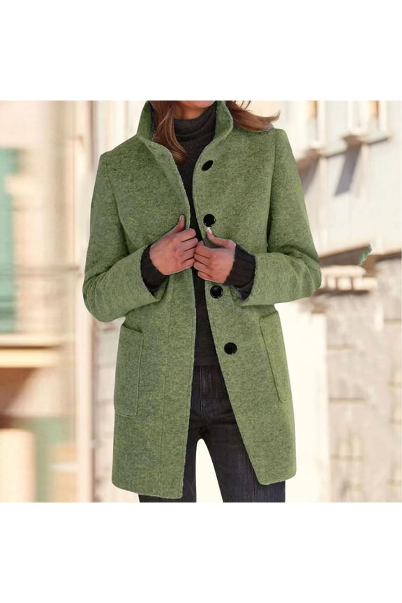 Women Winter Long Pea Coat Wool Blend Stand Collar Single Breast Thicken Blazer Jacket Army Green 5XL