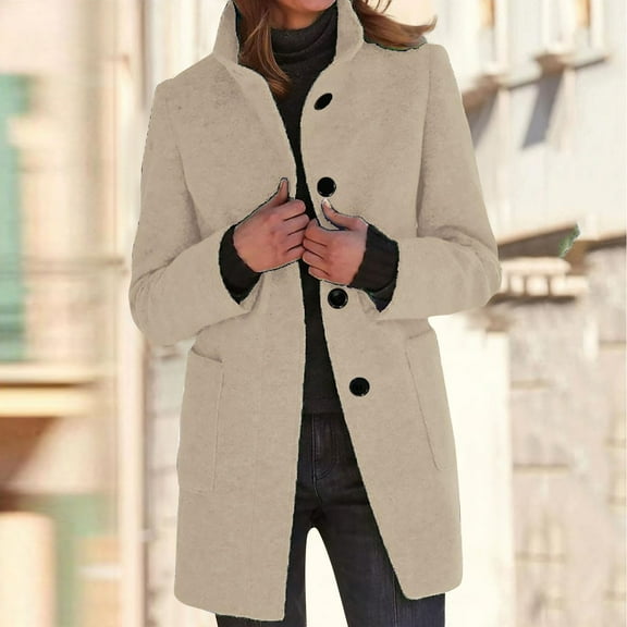 Fshiont Women Winter Long Pea Coat Wool Blend Stand Collar Single Breast Thicken Blazer Jacket Beige 2XL