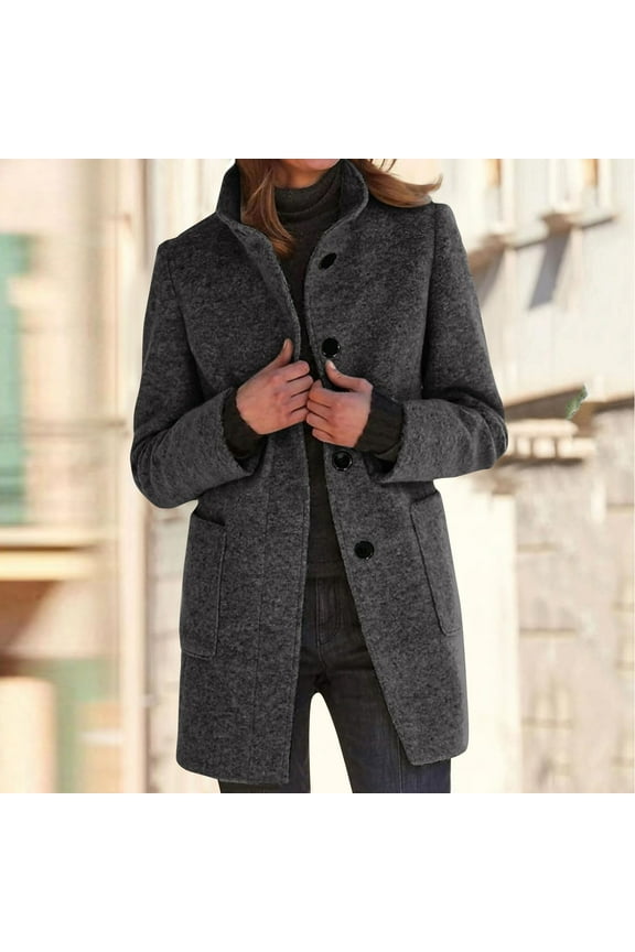 Women Winter Long Pea Coat Wool Blend Stand Collar Single Breast Thicken Blazer Jacket Black XL