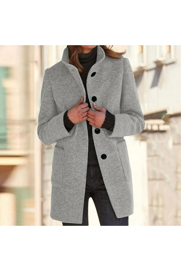 Women Winter Long Pea Coat Wool Blend Stand Collar Single Breast Thicken Blazer Jacket Light Gray 2XL
