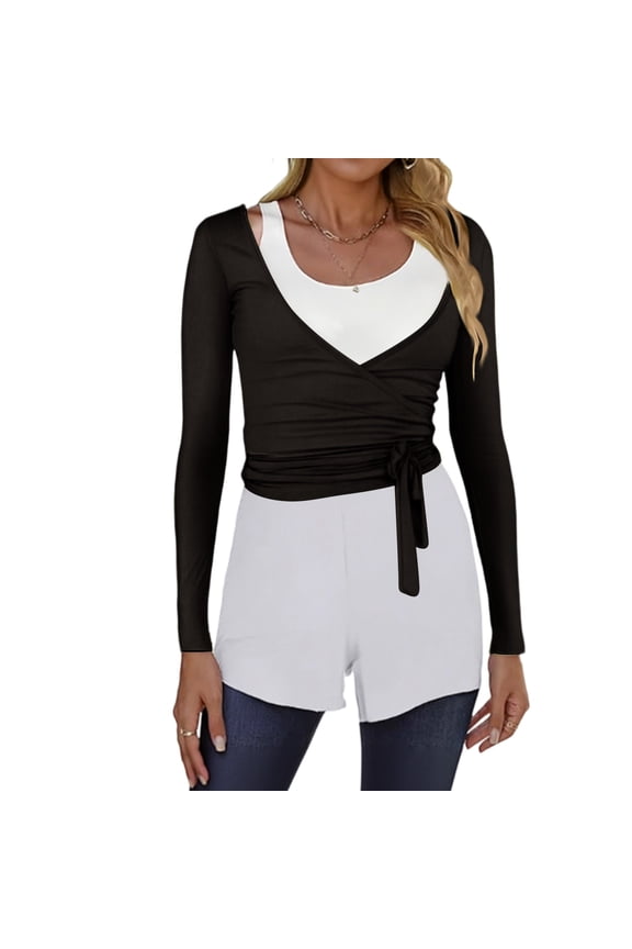 Women Wrap Tie Top Y2k Long SLeeve Workout Yoga Shirt Blouses Black L