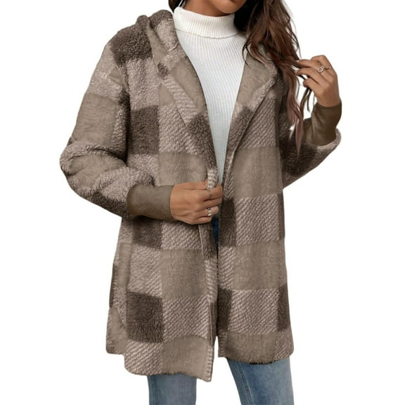 Fshiont Women's Fuzzy Fleece Jacket - Oversized Plaid Sherpa Cardigan with Hood, Open Front Coat for Fall and Winter Coffee S