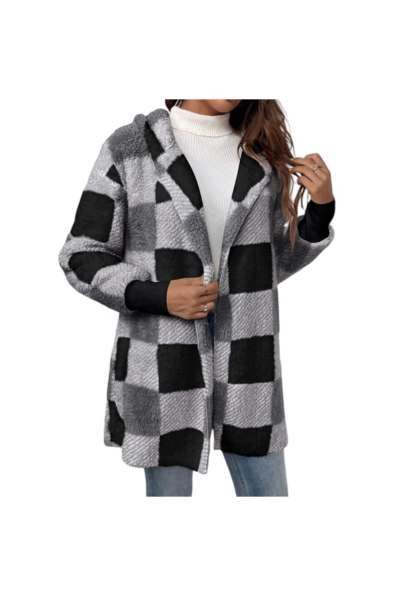 Women's Fuzzy Fleece Jacket - Oversized Plaid Sherpa Cardigan with Hood, Open Front Coat for Fall and Winter Gray S