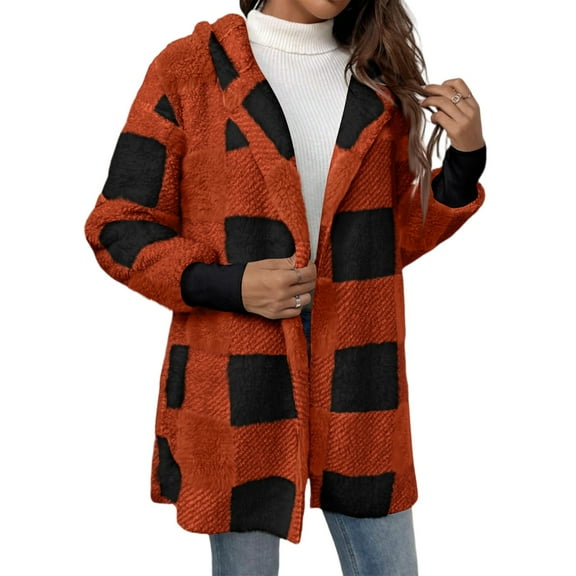 Fshiont Women's Fuzzy Fleece Jacket - Oversized Plaid Sherpa Cardigan with Hood, Open Front Coat for Fall and Winter Orange XL