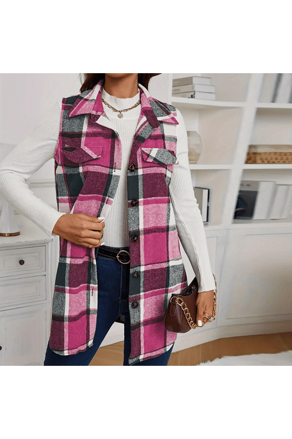 Women's Plaid Vest Christmas Cardigan Winter Fall Flannel Vest Sleeveless Blazer Jacket Long Shacket Vest Pink 2XL