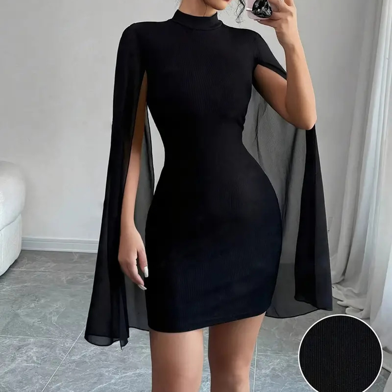 Fshiont Women's Sexy Glitter Mini Dress Mock Neck Cloak Sleeve Cocktail — free download