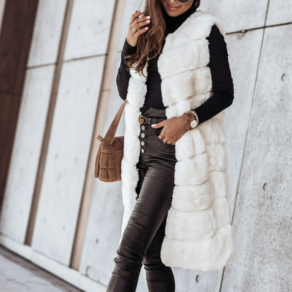 Fshiont Women's Winter Faux Fur Vest Sleeveless Jackets Open Front Long Shaggy Outerwear Fuzzy Fleece Jacket Coat White S