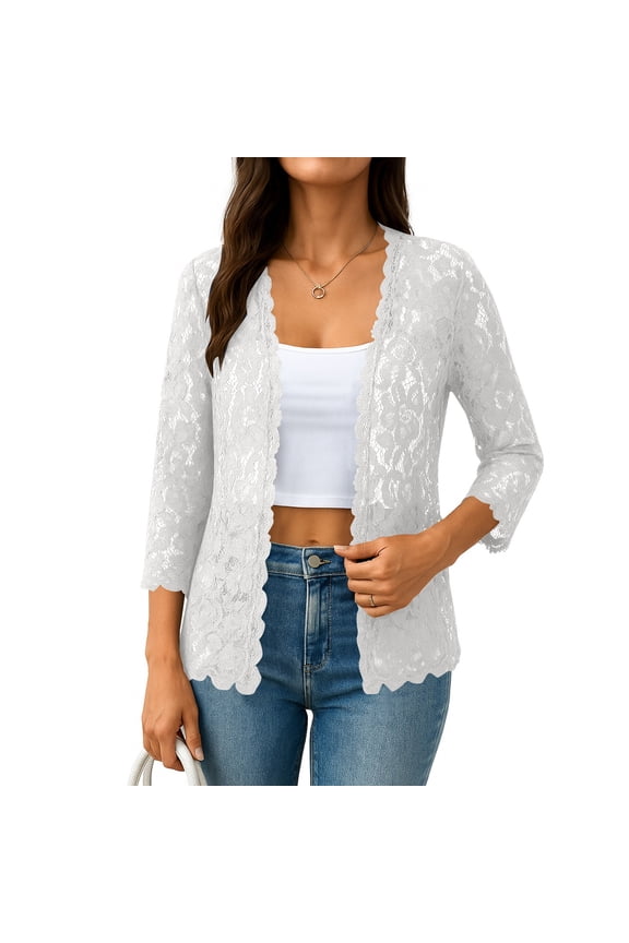 Womens Cardigan 3/4 Length Sleeve Lightweight Lace Open Front Cardigans Summer Casual Loose Fashion Tops White XL
