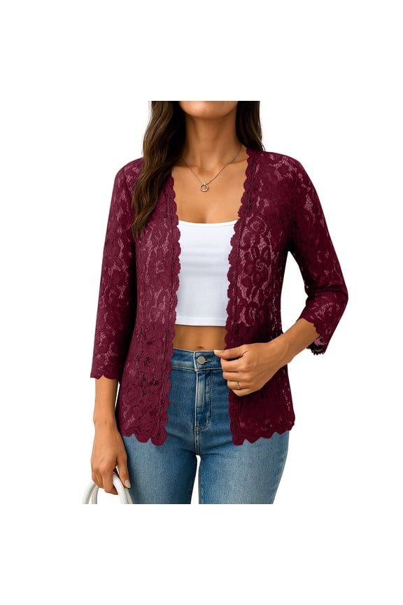 Womens Cardigan 3/4 Length Sleeve Lightweight Lace Open Front Cardigans Summer Casual Loose Fashion Tops Wine XL