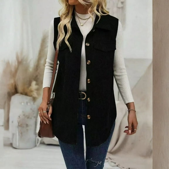 Fshiont Womens Corduroy Vest Fall Winter Casual Sleeveless Jackets Outerwear Tops Black M