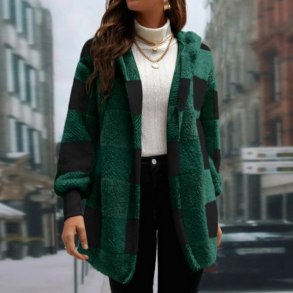 Fshiont Womens Fuzzy Fleece Jacket Fall Winter Faux Fur Coat Sherpa Jacket Open Front Cardigan Outerwear Green 2XL