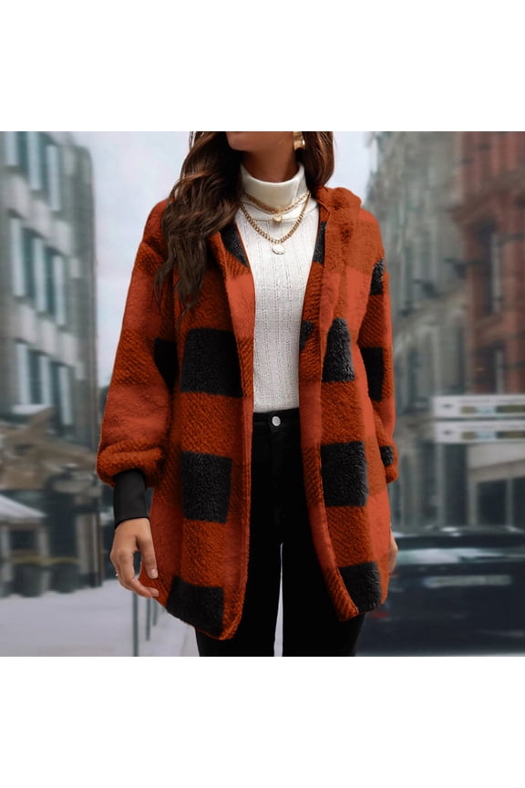 Womens Fuzzy Fleece Jacket Fall Winter Faux Fur Coat Sherpa Jacket Open Front Cardigan Outerwear Orange 2XL