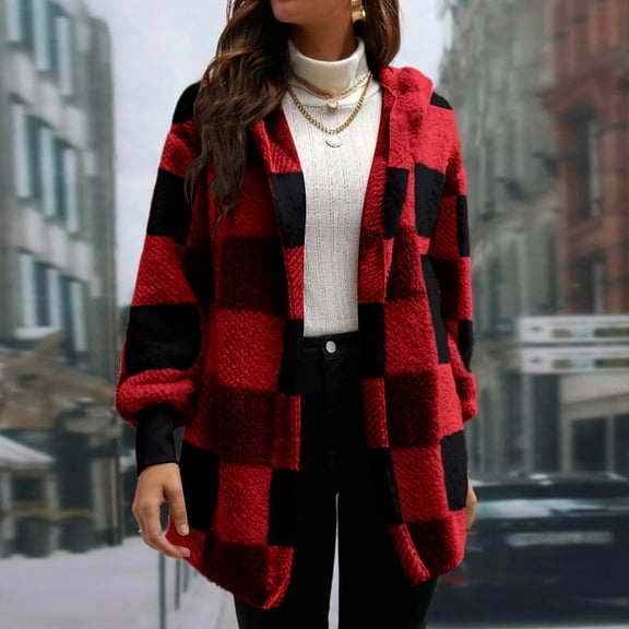 Fshiont Womens Fuzzy Fleece Jacket Fall Winter Faux Fur Coat Sherpa Jacket Open Front Cardigan Outerwear Red S