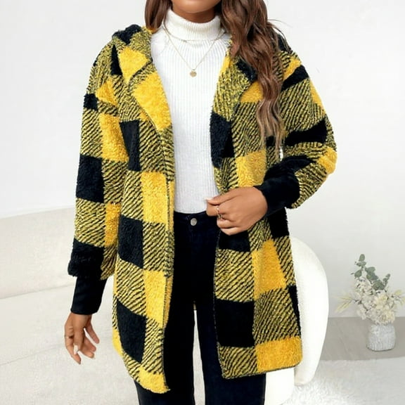 Fshiont Womens Fuzzy Fleece Jacket Fall Winter Faux Fur Coat Sherpa Jacket Open Front Cardigan Outerwear Yellow M