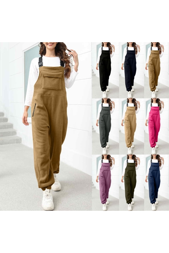 Womens Fuzzy Fleece Overall Jumpsuits Casual Loose Fit Winter Sherpa Bib Overalls with Pockets Hot Pink 2XL