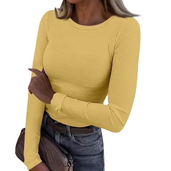 Fshiont Womens Long Sleeve Stretch Crewneck Ribbed T-Shirt Fitted Casual Basic Tops Yellow S