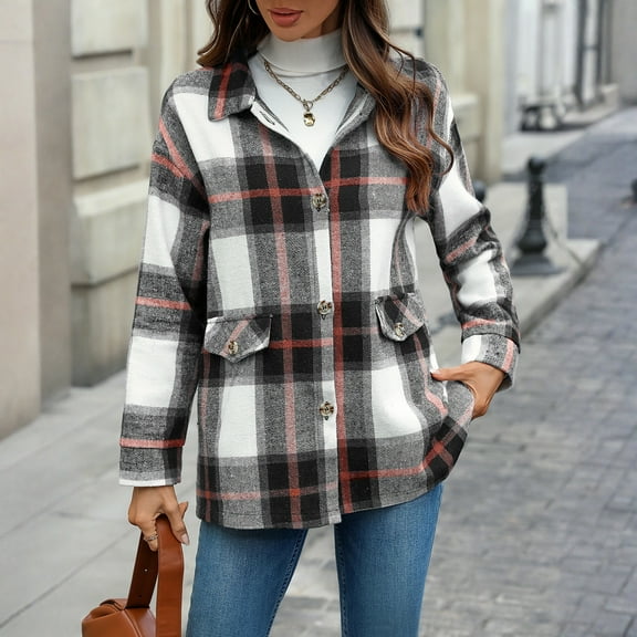 Fshiont Womens Shackets Jacket Plus Size Long Sleeve Button Down Shirts Blouses Tops Gray 2XL