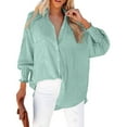 thumbnail image 1 of Fshiont Womens Smocked Cuffed Striped Boyfriend Shirt Casual Collar Long Sleeve Oversized Button Down Blouse Tops with Pocket Shirred Army Green S, 1 of 6