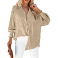 thumbnail image 1 of Fshiont Womens Smocked Cuffed Striped Boyfriend Shirt Casual Collar Long Sleeve Oversized Button Down Blouse Tops with Pocket Shirred Khaki M, 1 of 6