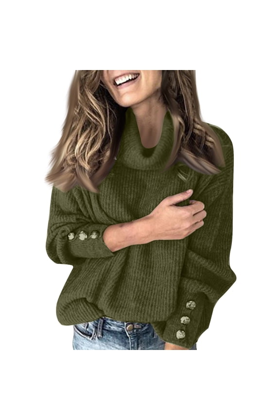 Womens Turtleneck Dressy Sweater Spring 2026 Button Long Sleeve Pullover Sweaters - Cozy Ribbed Knit, Loose Fit Dark Green S