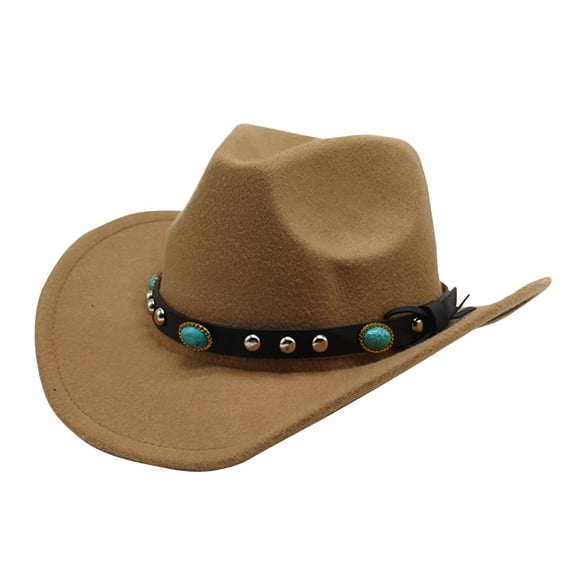 Fshiont Womens Western Cowboy Hats Pinched Western Cowgirl Hats Wide Brim Fedoras Hat with Belt Buckle Camel