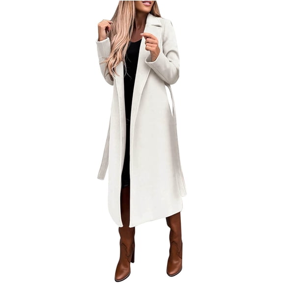 Fshiont Womens Winter Coat Long Trench Coat Oversized Long Casual Wool Blend Overcoat Notch Lapel Belted Full Length Jackets White 3XL