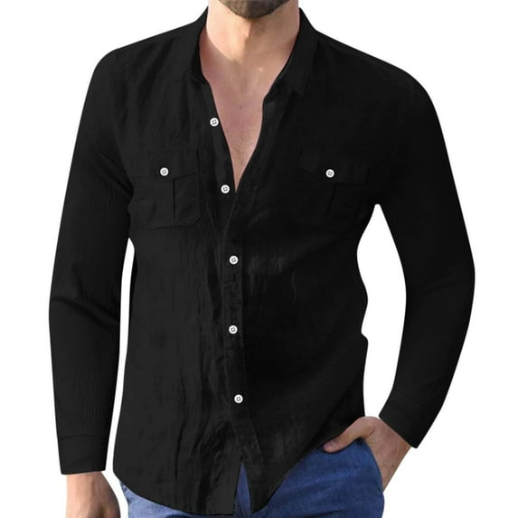 Fsinging Men's Solid Color Long Sleeve Button Up Lapel Shirts Spring Autumn Male Clothing Tops With Double Pockets