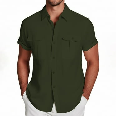 Fsinging Plus Size Solid Color Cotton Linen Men's Shirts With Double Pockets Summer Loose Casual Short Sleeve Turn-Down Collar Tops