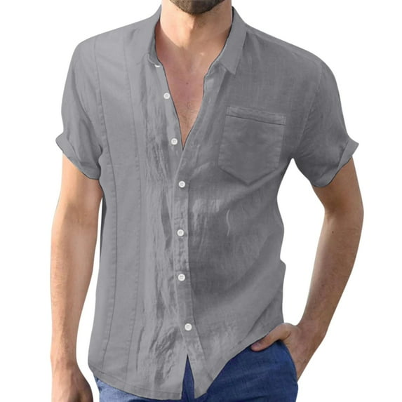 Fsinging Solid Color Button Up Turn-Down Collar Blouse Tops For Man Summer Outdoor Sport Casual Short Sleeve Shirts With Pocket