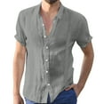 thumbnail image 1 of Fsinging Summer Cotton Linen Men's Short Sleeve Button Up Lapel Shirts Solid Color Vacation Beach Breathable Casual Tops Plus Size, 1 of 3
