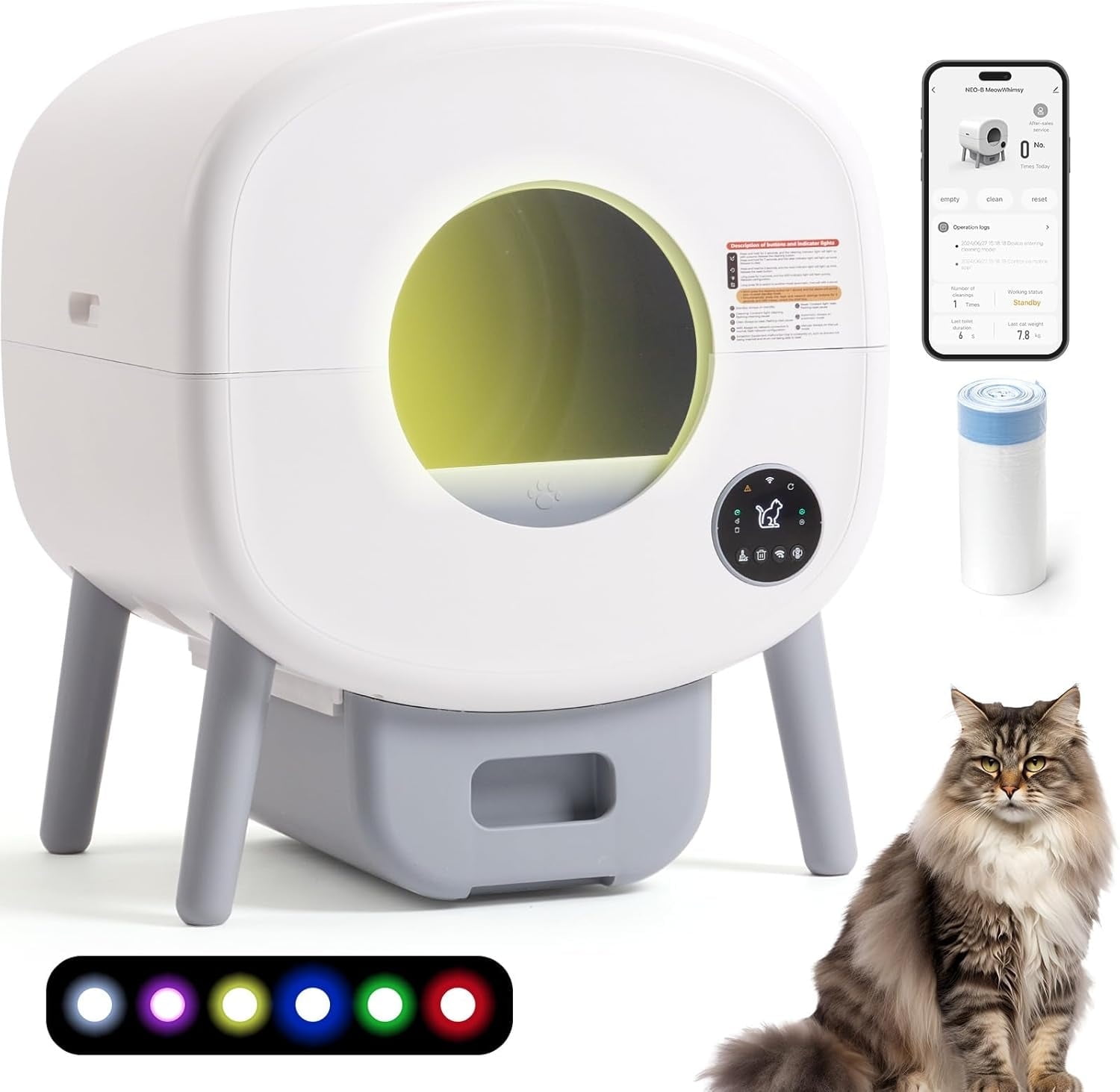 Fsitego Self Cleaning Litter Box, Large Capacity Automatic Cat Litter Box Self Cleaning for Cats, App Control,Safety Protection, 2 Roll Garbage Bags,White & Grey