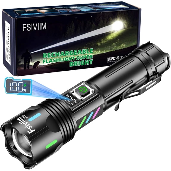 Fsiviim Rechargeable LED Torch, 500,000 Lumens LED Torch, Extremely Bright, Tactical Strong Torches, Zoom Adjustable, 5 Modes, Suitable for Camping [Energy Class A+++]