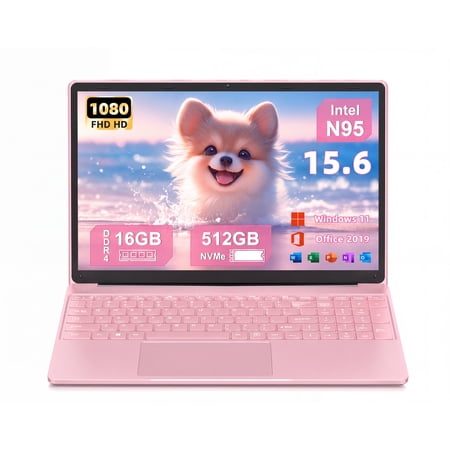 Fsjun 15.6" Pink Laptop,Win11 Pro,Intel N95(Up to 3.4GHz),16GB RAM 512GB NVMe,1920x1080 IPS Display, Backlit Keyboard,Fingerprint Sensor,5800mAh Battery,WiFi 5,Student & Business