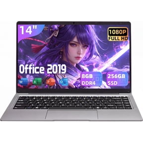 14 Inch FHD Laptop, Celeron J4105, 8GB DDR4 RAM, 256GB SSD, Win 11 Pro + Office 2019, Lightweight Business Laptop, Gray