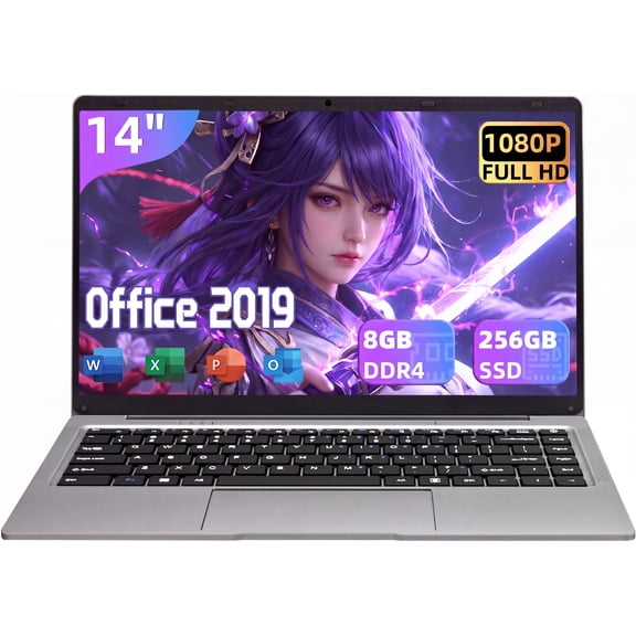 14 Inch FHD Laptop, Celeron J4105, 8GB DDR4 RAM, 256GB SSD, Win 11 Pro + Office 2019, Lightweight Business Laptop, Gray