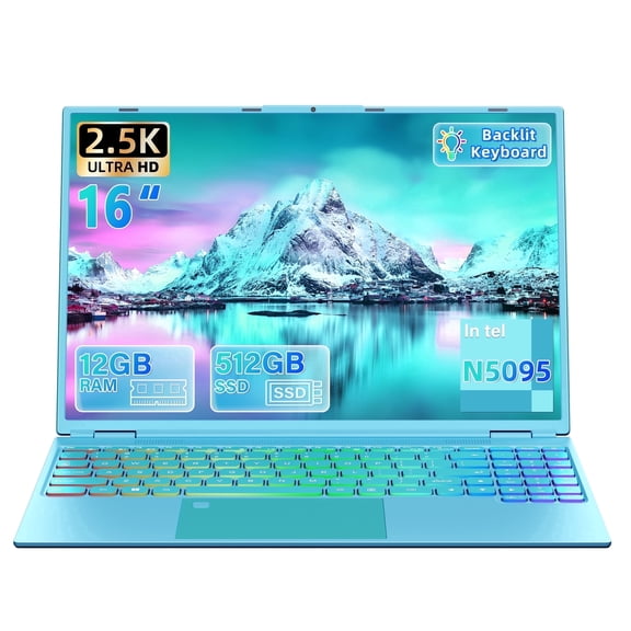 Fsjun 16" Blue Laptop, Color Backlit Keyboard, Fingerprint, (Win 11 Pro + Office 2019), Celeron N5095, 12GB DDR4 RAM, 512GB SSD, 2K FHD IPS Display – Lightweight Laptop for Study & Work