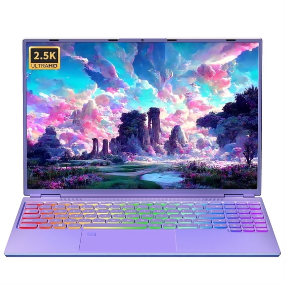 Fsjun 16" Purple Laptop, Color Backlit Keyboard, Fingerprint, (Win 11 Pro + Office 2019), Celeron N5095, 12GB DDR4 RAM, 1TB SSD, 2K FHD IPS Display – Lightweight Laptop for Study & Work