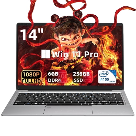 Fsjun 14" Ultra-Thin Laptop, (Win 11 Pro + Office 2019), FHD IPS Display, Celeron J4105, 6GB RAM, 256GB SSD, 180° Hinge, HDMI, WiFi, Bluetooth, Lightweight Portable Computer for Work, Study & Travel,