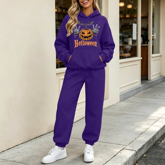 JOANKDMI Fall 2 Piece Outfits for Women Funny Halloween Graphic Pullover Hoodie and Sweatpants Lounge Set Casual Jogger Sweatsuits Holiday Party Tracksuits Activewear