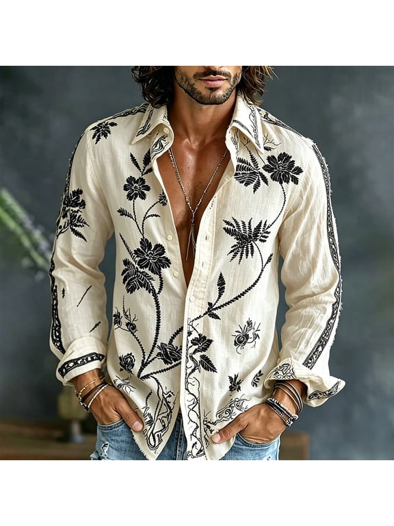 Floral Shirts for Men Hawaiian Button Down Long Sleeve Boho V Neck Relaxed Fit Tops Lightweight Linen Feel Summer Vacation Beachwear Fashion T Shirts