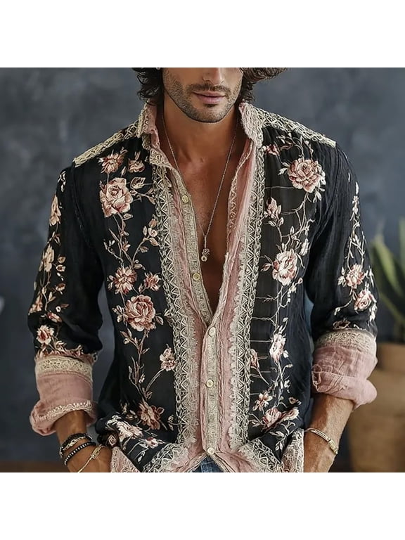 Long Sleeve Hawaiian Shirts for Men Vintage Floral Button Down Boho Tops with Lace Trim Lightweight Casual Beach Holiday Vintage Shirt