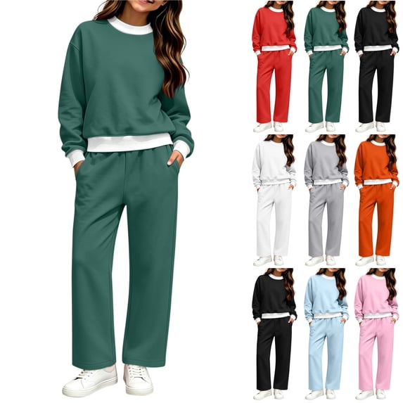 Fsmtpdam Teen Girls 2 Piece Sweatsuit Set 13-14 Winter Warm Fleece Lined Tracksuit Solid Color Long Sleeve Crewneck Sweatshirt and Jogger Sweatpants with Pockets Casual Athletic Outfit